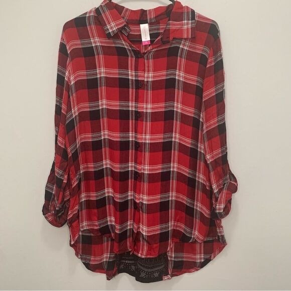 No Boundaries Tops - No Boundaries Red Plaid Lace Blouse Size M (7-9)